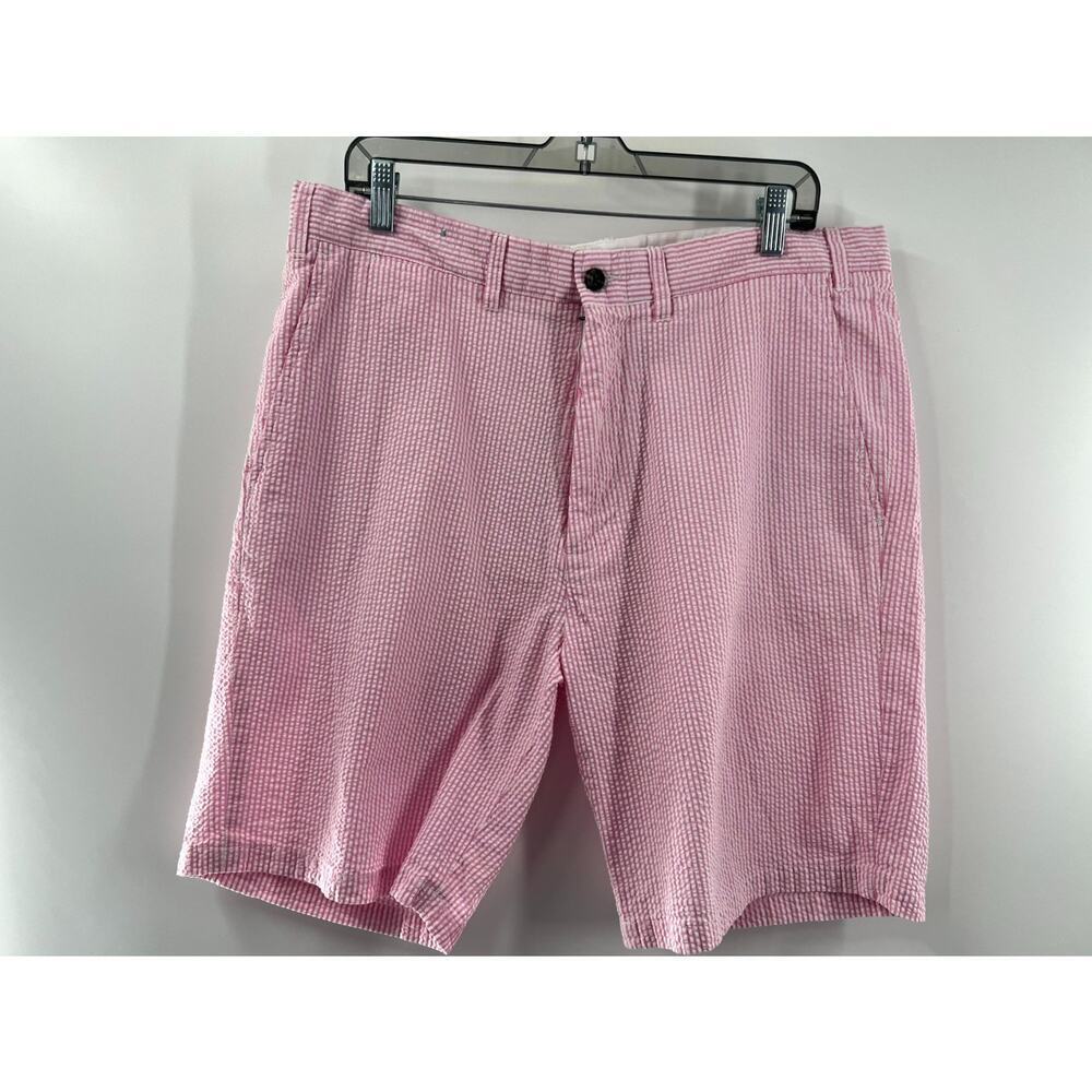 Castaway Nantucket Island Mens Pink White Striped Flat Front Seersucker Short 36